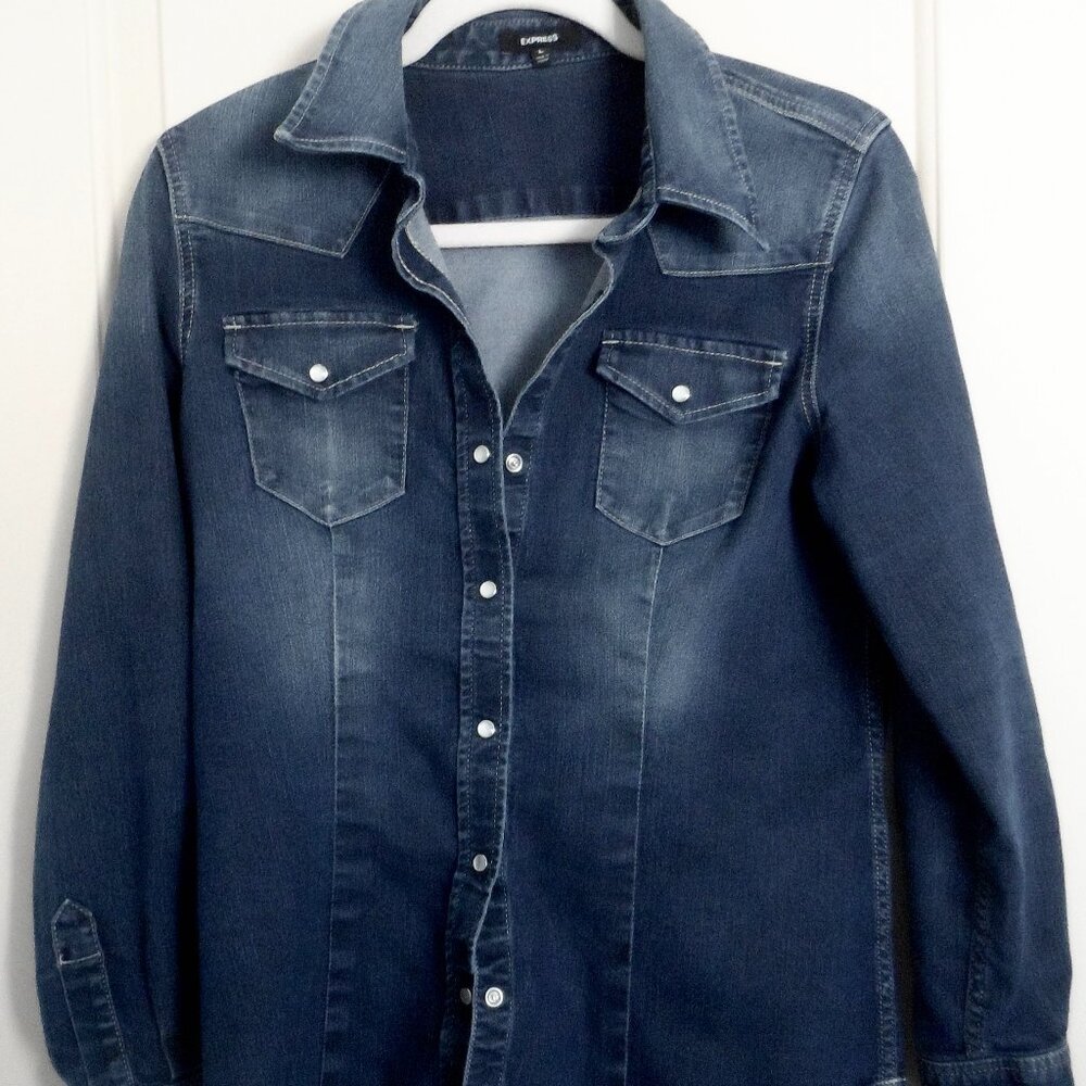 Express Denim Shirt-Blue w/ Snap Button Front + Pockets - Size Lg